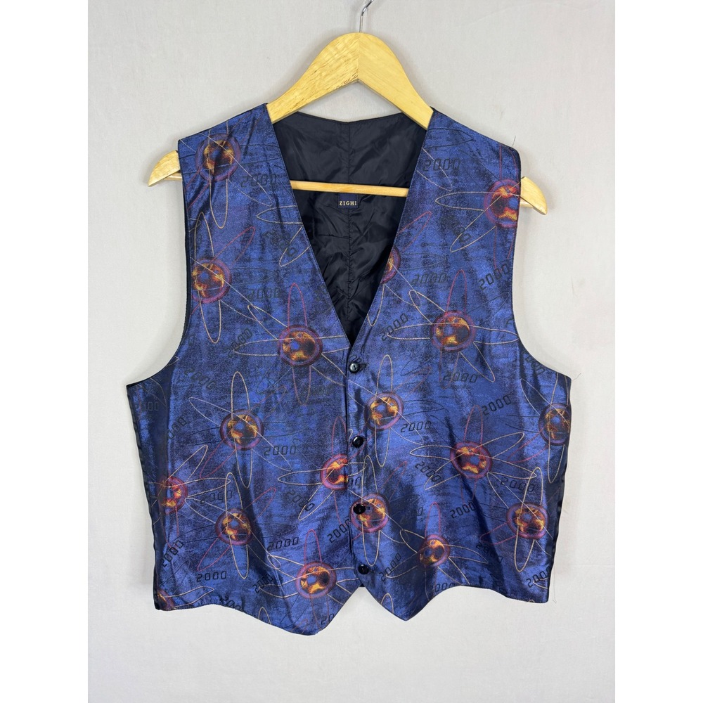 Zighi Vintage Blue Atomic 2000‎ Print Vest Mens Large Made in Canada Y2K Retro